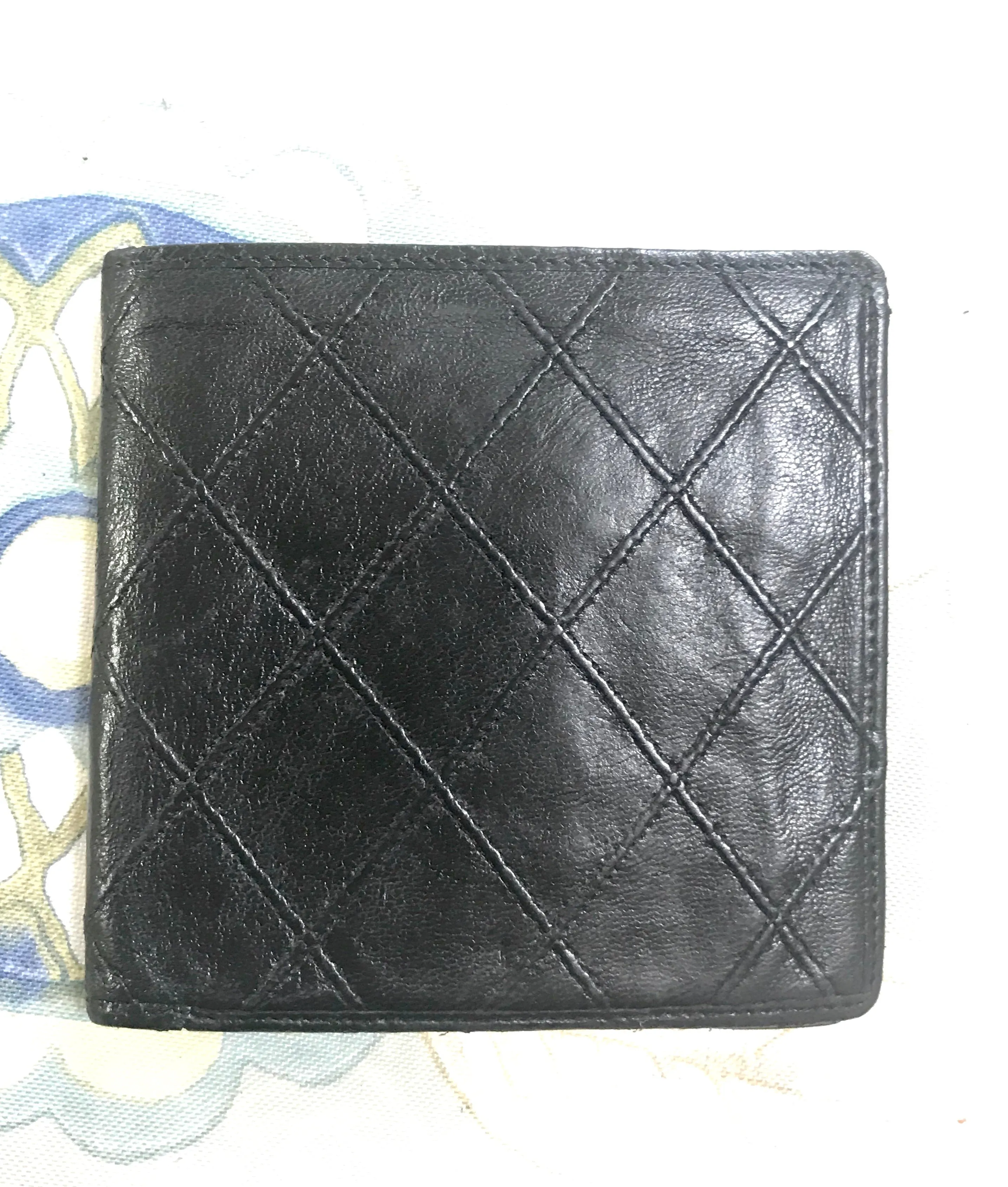80's vintage CHANEL black calfskin square stitched wallet, bill, card case. Unisex purse.