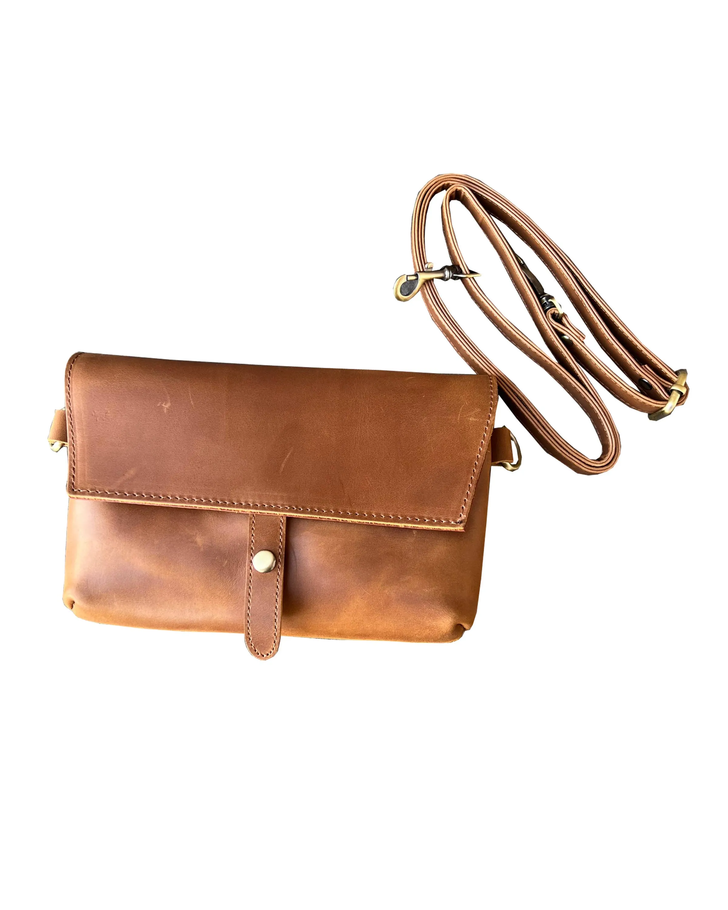 Brown crazy horse genuine leather crossbody